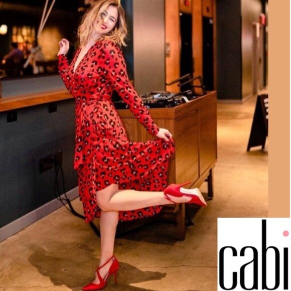 CAbi 5771 Vivien Siren Red Leopard Wrap Midi Dress‎ V-Neck Holiday Dress - Picture 14 of 16